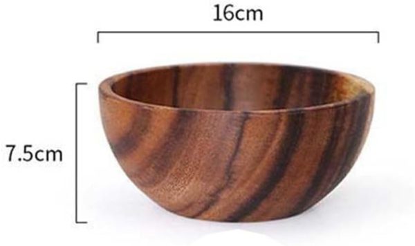 Large  Wood Round Serving Bowl with Utensils Wooden Forks and Spoons for Fruit Salad Vegetables Pasta Soup Cereals Decorative Wooden Nest Bowl Ramen Bowl, 6.3" Diameter x 3" Height - Image 2