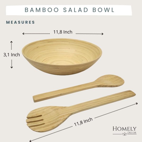 Bamboo Wooden Salad Bowls Set Large Bamboo Wood Serving Bowl for Fruits 11.8" Big Salad Bowl with Serving Utensils Bowl for Kitchen Counter Wood Bowls for food Wooden Serving Bowl for Snacks (Natural) - Image 2