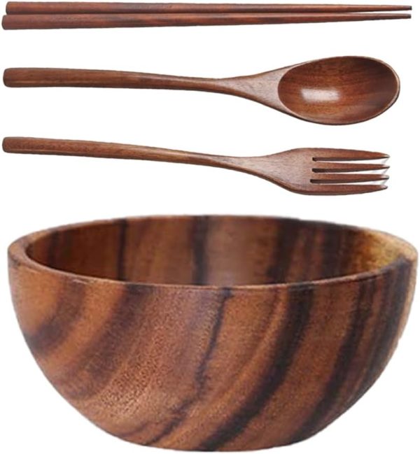 Large  Wood Round Serving Bowl with Utensils Wooden Forks and Spoons for Fruit Salad Vegetables Pasta Soup Cereals Decorative Wooden Nest Bowl Ramen Bowl, 6.3" Diameter x 3" Height