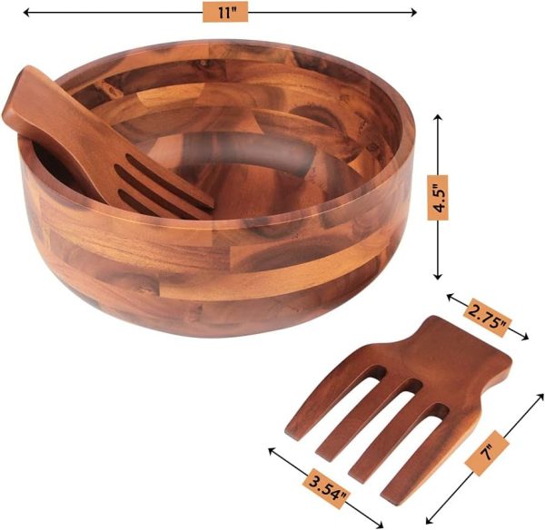 Wood Salad Bowl Set with 2 Wooden Hands, Large Salad Bowl with Serving Utensils, Big Mixing Bowl for Fruits, Salad, Cereal, Corn flake,Pasta 11" Diameter x 4.5" Height - Image 2