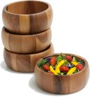 Set of 4  Wood Large Individual Salad Bowls, Snack Serving Bowls, 6 1/2" x 2 1/2"