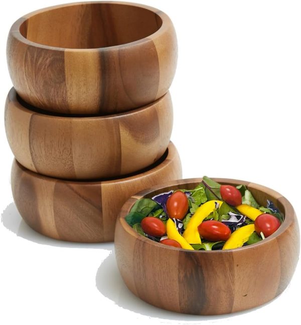 Set of 4  Wood Large Individual Salad Bowls, Snack Serving Bowls, 6 1/2" x 2 1/2"