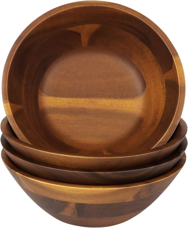 Wooden Serving Bowls, 7 Inch Set of 4 for Salad, Soup, Noodle and More