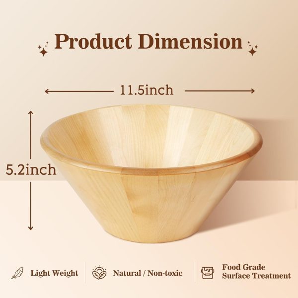 Large Wooden Salad Bowl - 11.5"X 5.2", Wooden Fruit Bowl for Kitchen Counter, Wood Salad Bowl or Serving Bowl for Salad & Fruits - Image 2