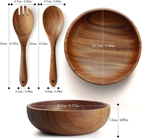 Wooden Salad Bowls, Large  Wood Salad Serving Bowl with Serving Tongs, 9.3" D x 2.8" H Round Bowls Set for Mixing Fruits Cereal Pasta - Image 2