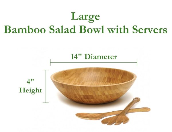 Bamboo Wood Salad Bowl with 2 Server Utensils, Large, 14" Diameter x 4" Height, 3-Piece Set - Image 2