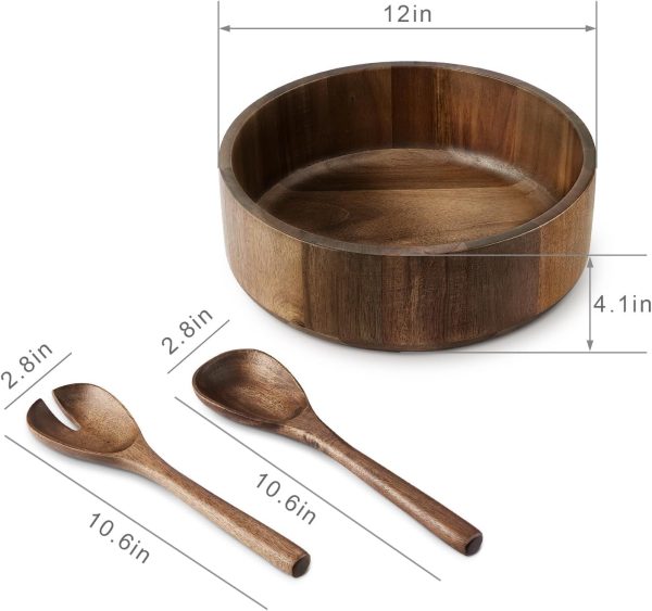 Wooden Salad Bowl, Black Walnut Wood Salad Bowl Set, 12 * 4.3 inch Large Natural Wooden with Fork and Spoon,Premium Eco-Friendly 346oz /10.8qt for Kitchen,Dining,Serving & Mixing Food - Image 2