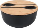 Bamboo Fiber Salad Bowl with Servers Set - Large 9.8 inches mixing bowls Solid Bamboo Salad Wooden Bowl with Bamboo Lid Spoon for Fruits,Salads and Decoration (Black, 9.8INCH)