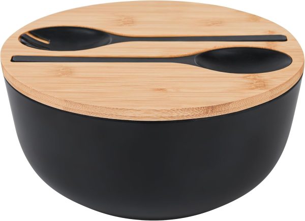 Bamboo Fiber Salad Bowl with Servers Set - Large 9.8 inches mixing bowls Solid Bamboo Salad Wooden Bowl with Bamboo Lid Spoon for Fruits,Salads and Decoration (Black, 9.8INCH)
