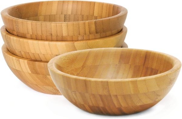 Bamboo Wood Salad Bowls, Small, 7" Diameter x 2.25" Height, Set of 4 Bowls
