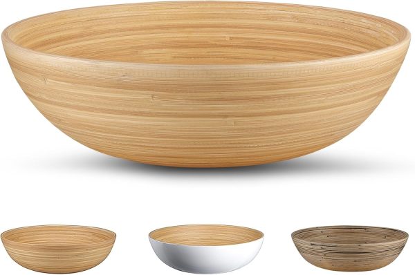 12" Handmade Natural Bamboo Wooden Salad Bowl - 130 oz Lightweight Large Wooden Bowls for Food - Bamboo Wooden Fruit Bowl for Kitchen Counter, Wood Bowls for food - Wooden Serving Bowl for Snacks