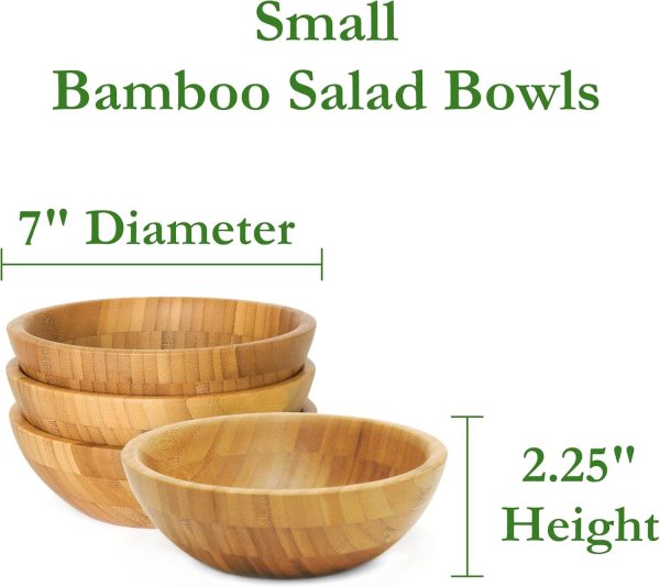 Bamboo Wood Salad Bowls, Small, 7" Diameter x 2.25" Height, Set of 4 Bowls - Image 2