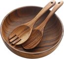 Wooden Salad Bowls, Large  Wood Salad Serving Bowl with Serving Tongs, 9.3" D x 2.8" H Round Bowls Set for Mixing Fruits Cereal Pasta