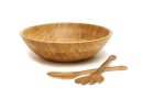 Bamboo Wood Salad Bowl with 2 Server Utensils, Large, 14" Diameter x 4" Height, 3-Piece Set