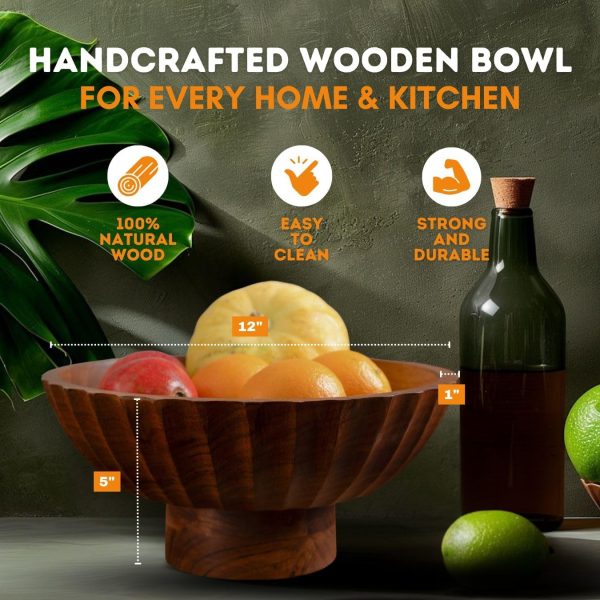 Wood Footed Bowl– Handcrafted Decorative Fruit Bowl with Elegant Carving Design for Dining, Serving, and Home Décor- 12 Inch Wooden Pedestal Bowls by - Image 2
