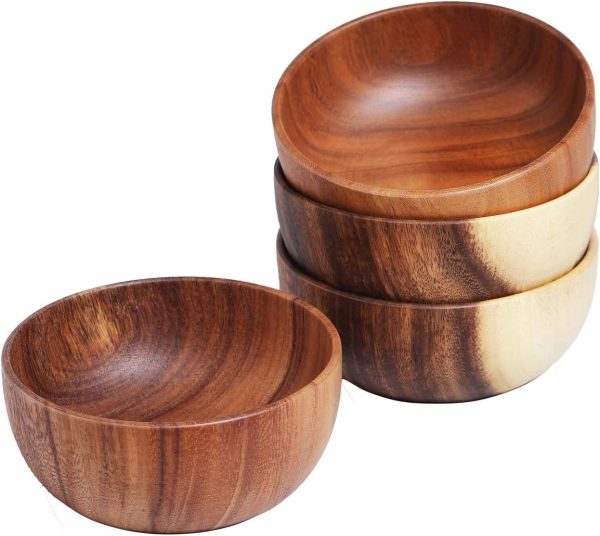 Wood Salad Bowls 6.3inches Set of 4 Individual Large Wood Bowl for Fruits Salads and Decoration