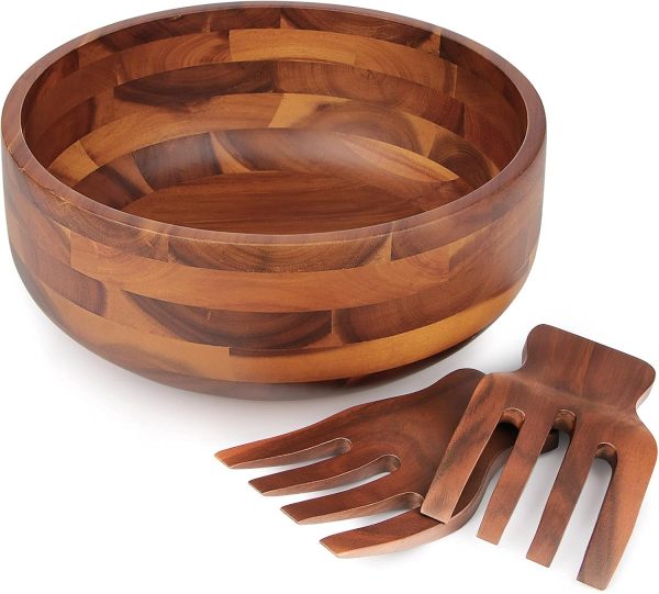 Wood Salad Bowl Set with 2 Wooden Hands, Large Salad Bowl with Serving Utensils, Big Mixing Bowl for Fruits, Salad, Cereal, Corn flake,Pasta 11" Diameter x 4.5" Height