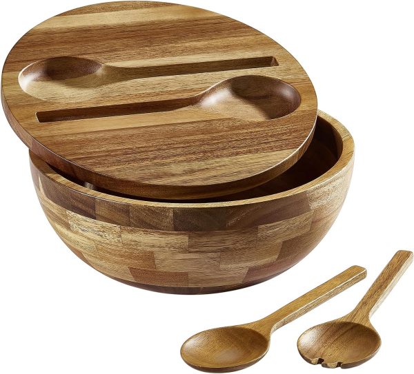 Wood Salad Bowl with Wooden Lid, Built-in  Wood Utensils, 10.5" Large Wood Serving Bowl for Fruits, Salads, and Vegetables, Big Wood Salad Bowl Set 4-Piece, All-in-One Design