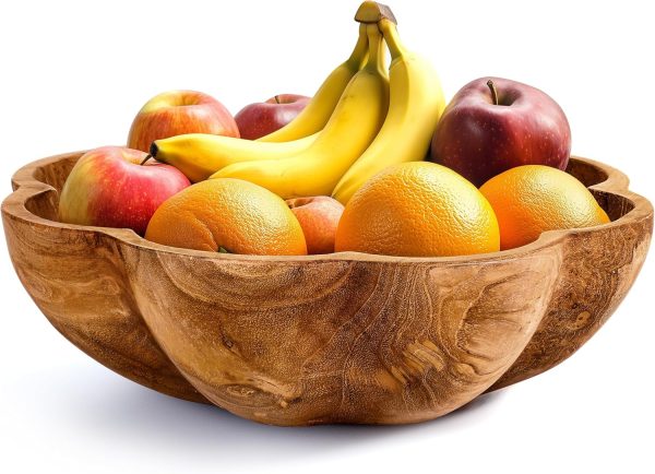 Wooden Fruit Bowl for Kitchen Counter - 11.8" x 3.2" Large Teak Wood Serving Bowl for Food, Salad, Bread or Home Decor - Handcrafted by Artisans in Indonesia - Dining Decorative Centerpiece