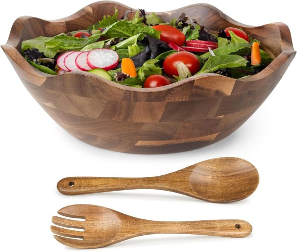 Wood Salad Bowl with Serving Utensils - Large Scalloped Decorative 12"  Wooden Mixing Bowls Set with Spoons - Handcrafted Farmhouse Kitchen Serveware for Fruit, Pasta, Snacks and Home Decor