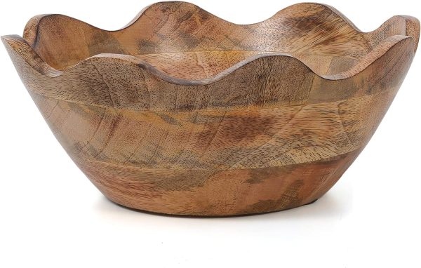 Wooden Scalloped Bowl - Medium | Ruffle Decorative Style | Rustic Kitchen Decor | Mango Wood | Natural Grain Finish | Fits Bread, Fruits, Salad or Popcorn | 10” x 4” x 9”