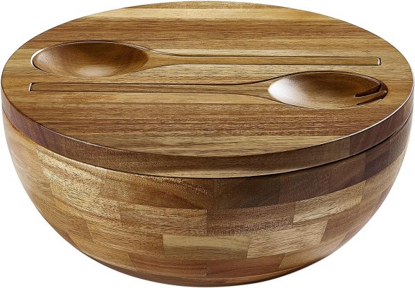 Wood Salad Bowl with Wooden Lid, Built-in  Wood Utensils, 10.5" Large Wood Serving Bowl for Fruits, Salads, and Vegetables, Big Wood Salad Bowl Set 4-Piece, All-in-One Design - Image 2