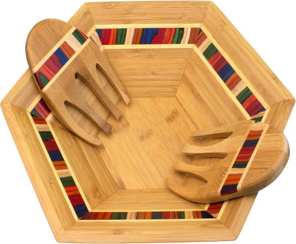 Collection 14" Salad Serving Bowl with Salad Hands, Bamboo and Colored Birch Wood