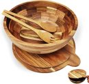 Salad Bowls Wood Salad Bowl Set with Lid  Wood Serving Bowl for Fruits or Salads 10.5" Large Serving Bowl with Serving Utensils, 4 Piece Wooden Mixing Bowl Set for Kitchen, Picnic