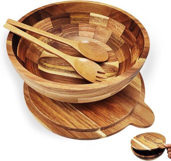 Salad Bowls Wood Salad Bowl Set with Lid  Wood Serving Bowl for Fruits or Salads 10.5" Large Serving Bowl with Serving Utensils, 4 Piece Wooden Mixing Bowl Set for Kitchen, Picnic