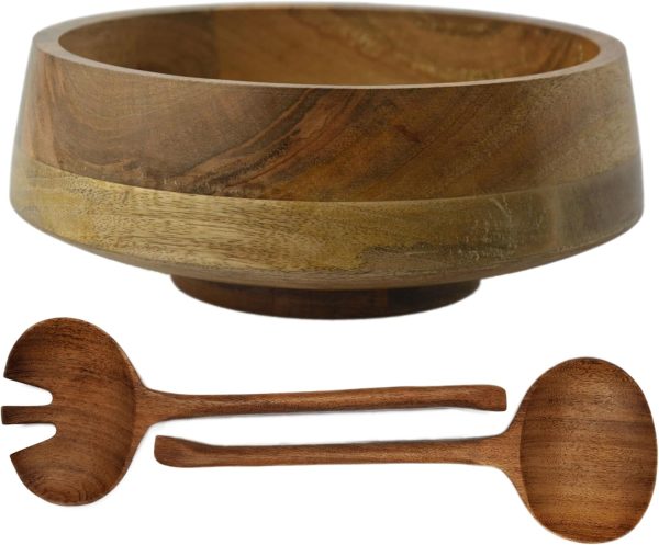 wooden bowl set with utensils - artisan handmade large wood serving bowls for salads, fruits or as a natural kitchen and saloon table decor - your eco-friendly house