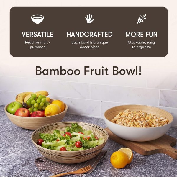 12" Handmade Natural Bamboo Wooden Salad Bowl - 130 oz Lightweight Large Wooden Bowls for Food - Bamboo Wooden Fruit Bowl for Kitchen Counter, Wood Bowls for food - Wooden Serving Bowl for Snacks - Image 2