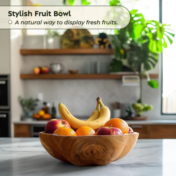Wooden Fruit Bowl for Kitchen Counter - 11.8" x 3.2" Large Teak Wood Serving Bowl for Food, Salad, Bread or Home Decor - Handcrafted by Artisans in Indonesia - Dining Decorative Centerpiece - Image 2