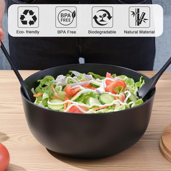 Bamboo Fiber Salad Bowl with Servers Set - Large 9.8 inches mixing bowls Solid Bamboo Salad Wooden Bowl with Bamboo Lid Spoon for Fruits,Salads and Decoration (Black, 9.8INCH) - Image 2