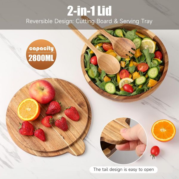 Salad Bowls Wood Salad Bowl Set with Lid  Wood Serving Bowl for Fruits or Salads 10.5" Large Serving Bowl with Serving Utensils, 4 Piece Wooden Mixing Bowl Set for Kitchen, Picnic - Image 2
