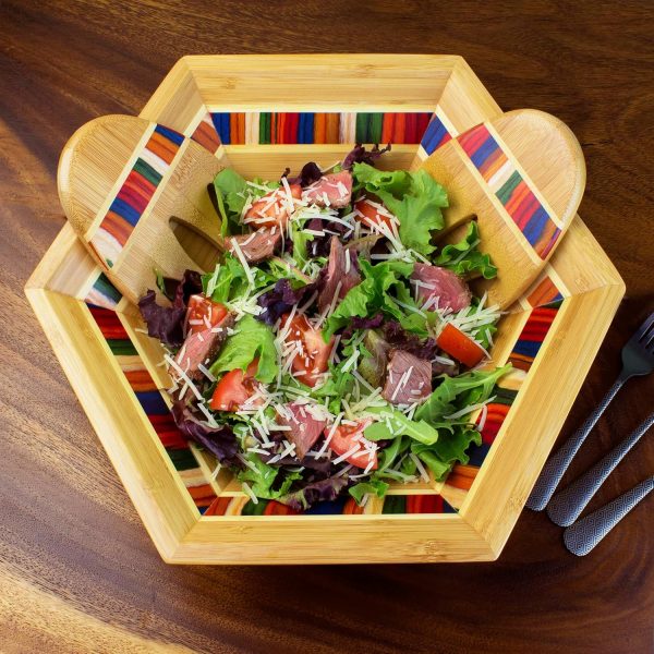 Collection 14" Salad Serving Bowl with Salad Hands, Bamboo and Colored Birch Wood - Image 2